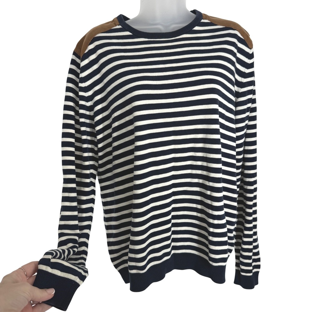 HM Navy White Striped Cotton Sweater Brown Shoulder Patches Size L Equestrian